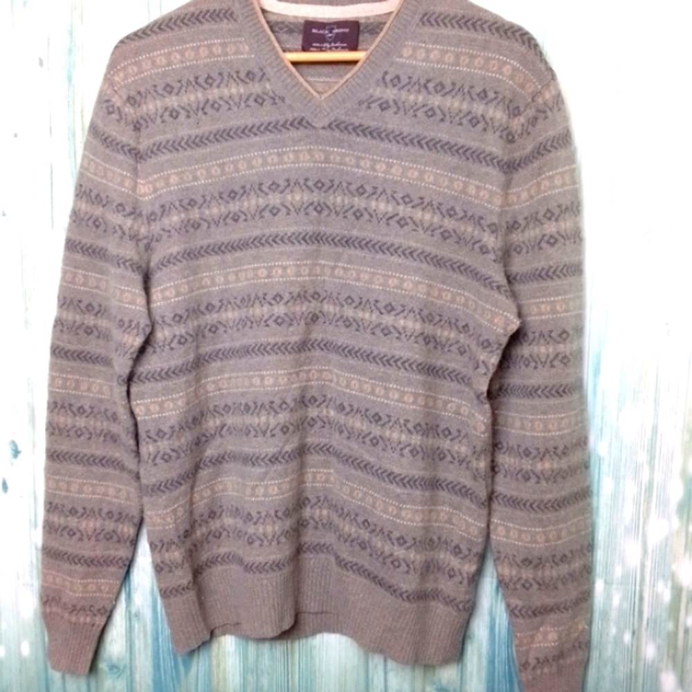 Black brown 2 ply cashmere men's v neck sweater fair isle print Large